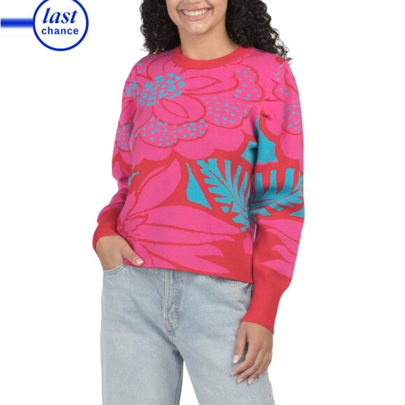 SUGAR LIPS Fuschia Multi Zinnia Floral Gathered Shoulder Sweater - Picture 1 of 2